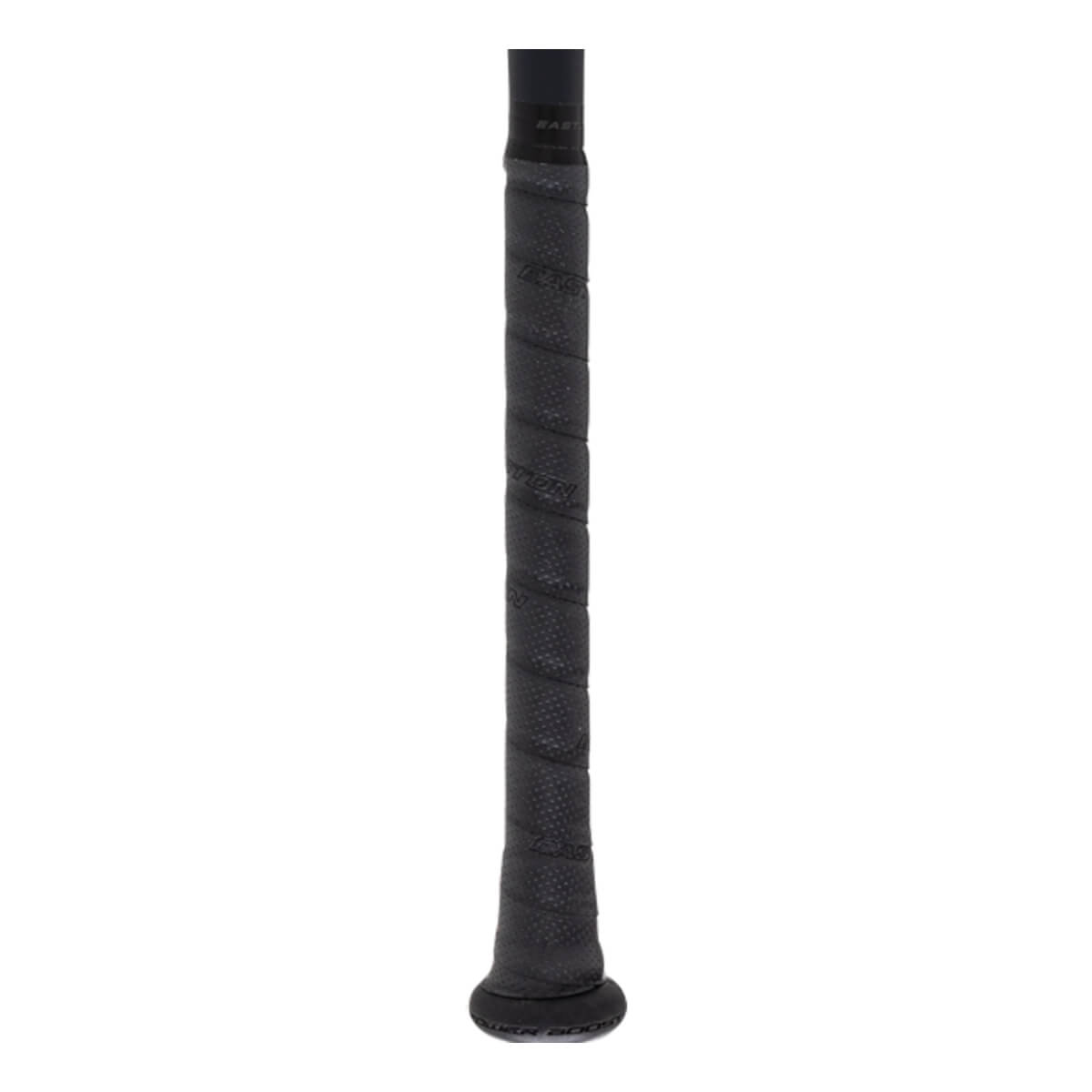 Close-up of a black baseball bat handle with spiral-wrapped textured grip tape, flared knob, and faint Easton branding.