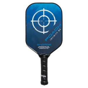 Front view of a blue pickleball paddle with a target design, POACH INFINITY MX text, and ENGAGE logo.