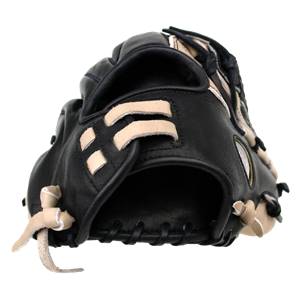 Front view of a black fastpitch glove with tan lacing and decorative tan straps.