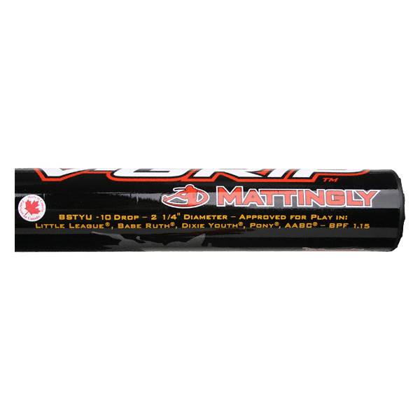 Side view of a black baseball bat with red and white Mattingly branding and league approval text.