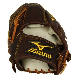 Top-down view of a brown baseball glove with yellow Mizuno logo and stitching.