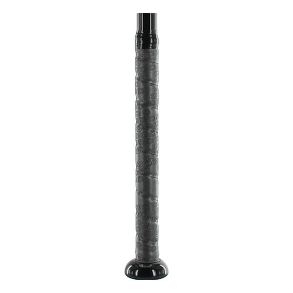 Close-up of a black baseball bat grip with a textured pattern and black end cap.