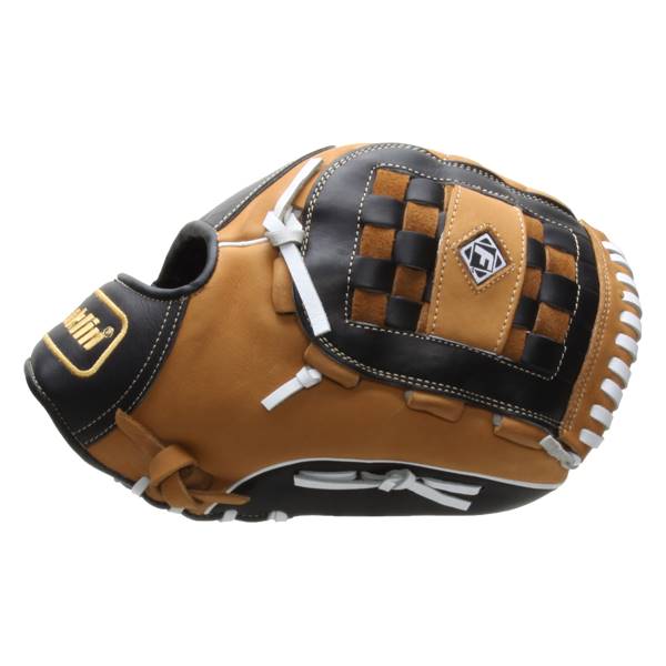 Side view of a brown and black baseball glove with a checkered web and white lacing.