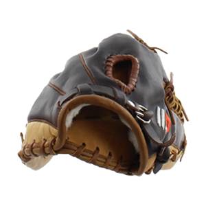 Side view of a brown baseball glove with tan accents and white and orange stripes.