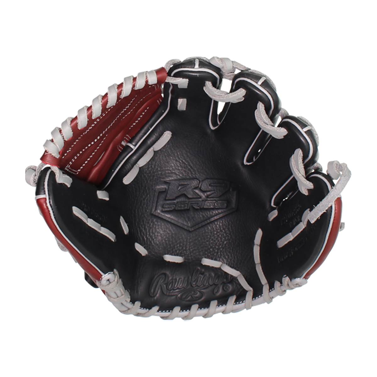 Front view of a black baseball glove with red accents, R9 SERIES logo, and Rawlings text.