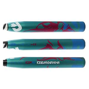 Three views of a teal DeMarini CF9 Fastpitch Softball Bat with pink and blue graphics and DeMarini text.