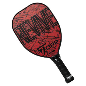 Top-down view of a red pickleball paddle with black REVIVE lettering and a TOPP USA logo.