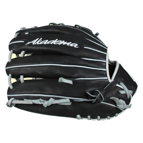 Side view of a black baseball glove with white stitching and Akadema logo.