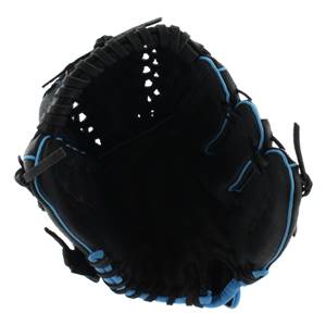 Top-down view of a black fastpitch glove with blue lacing and a perforated pocket.