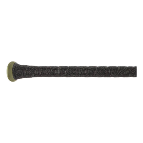 Side view of a black baseball bat with a textured grip and a light green end cap.