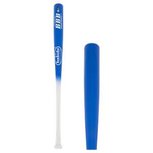 Full view of a blue and white gradient baseball bat with BBB and BamBooBat logos, next to a blue barrel detail.
