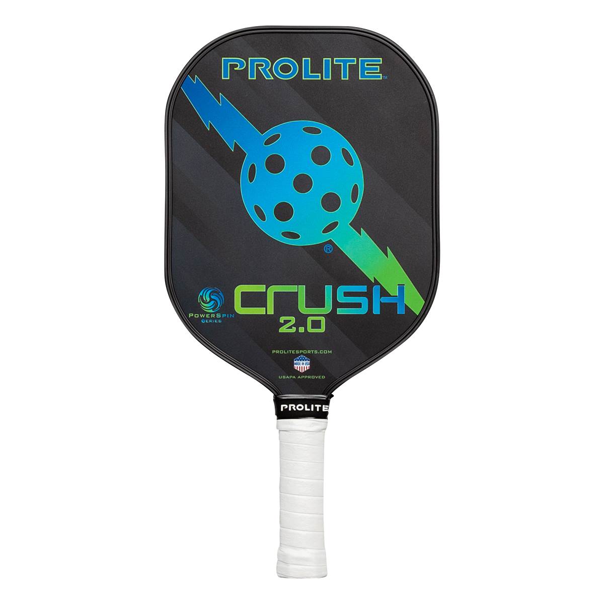 Front view of a black pickleball paddle with a blue and green lightning bolt, pickleball graphic, and CRUSH 2.0 text.