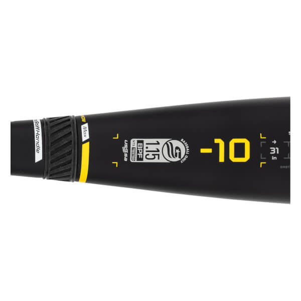 Close-up of a black baseball bat with yellow markings including -10, 1.15 BPF, and USSSA.