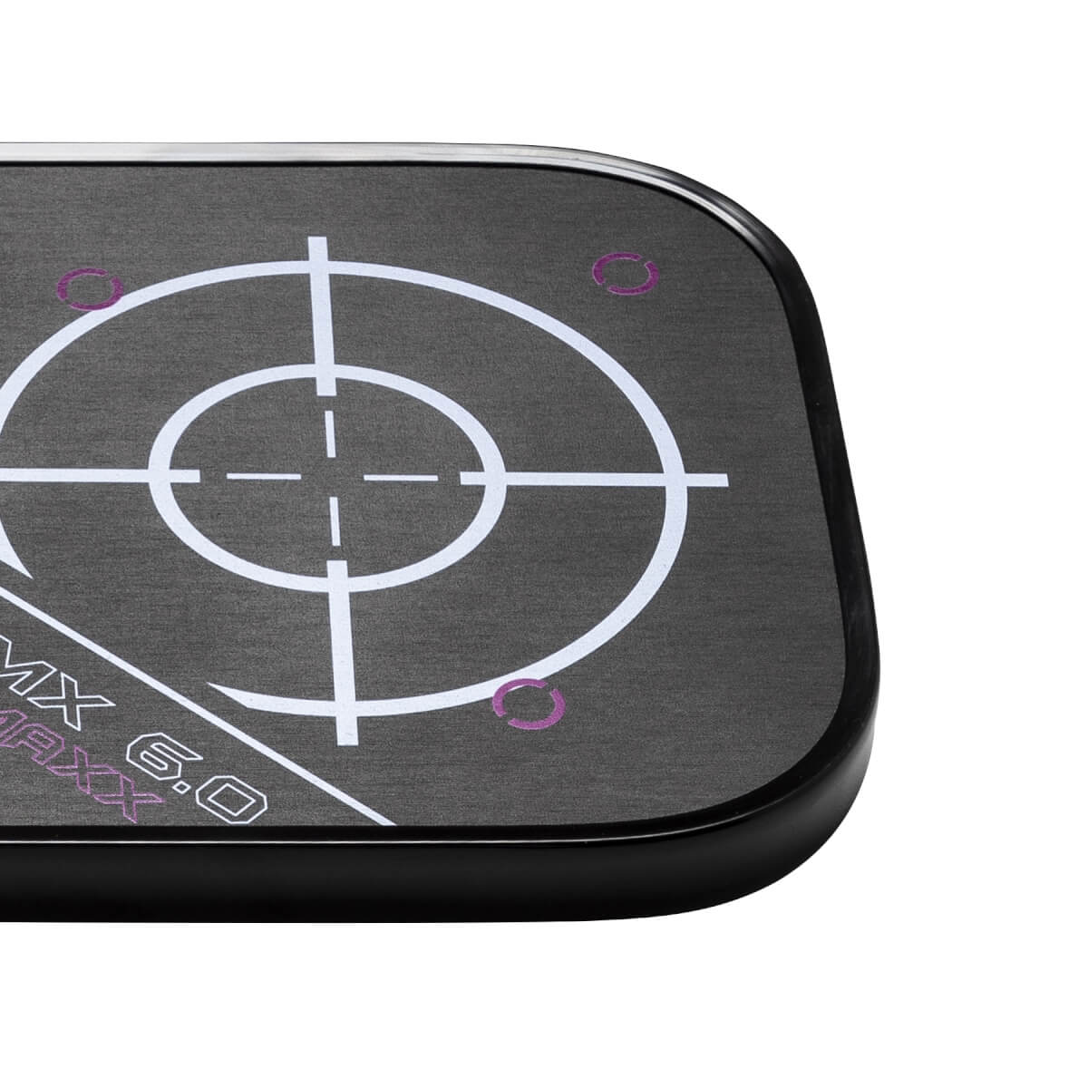 Corner view of a black pickleball paddle with a white target and MAXX 6.0 text.