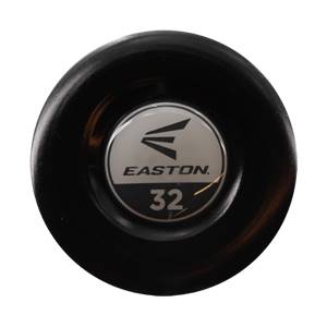 End view of a black baseball bat with Easton logo and 32 size indicator.