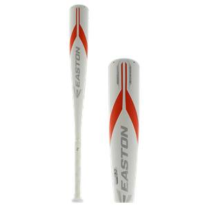 Side view of a white baseball bat with orange accents and EASTON branding.