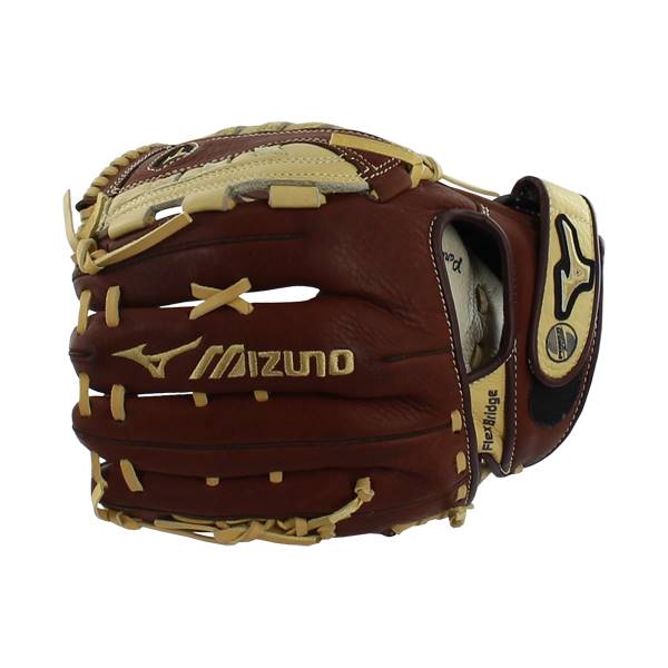 Side view of a brown Mizuno fastpitch glove with tan lacing and a FlexBridge label.