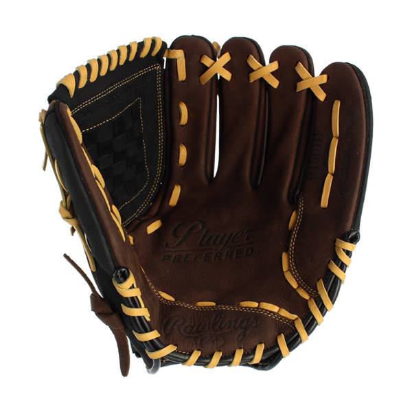 Front view of a brown baseball glove with yellow lacing and black accents.