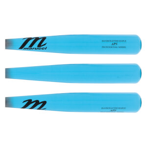 Side view of three light blue maple baseball bats with black Marucci logos and AP5 model text.