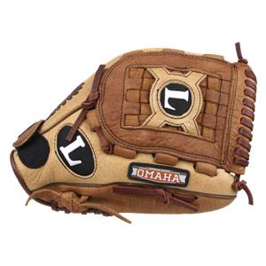 Side view of a tan and brown baseball glove with L logos and OMAHA text.