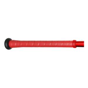 Side view of a red baseball bat with a textured grip and black end cap.