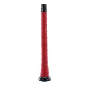 Close-up of a red baseball bat grip with a black end cap.