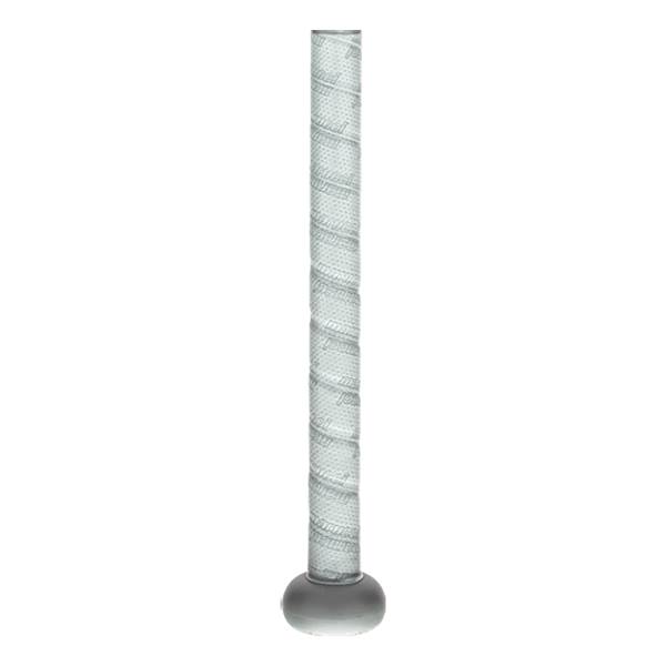 Close-up of white baseball bat handle with a textured wrapped grip and dark gray rounded knob.