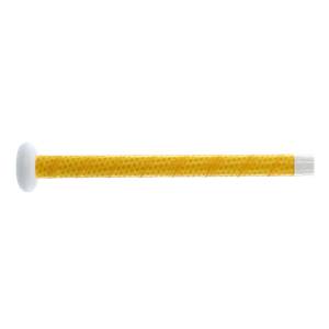 Side view of a yellow softball bat with a white knob and textured grip.