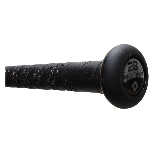 Close-up of a black softball bat grip with repeating pattern and end cap showing 28, 28oz, 34IN, and DeMarini logo.