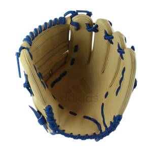 Top-down view of a tan baseball glove with blue lacing and an Adidas logo.