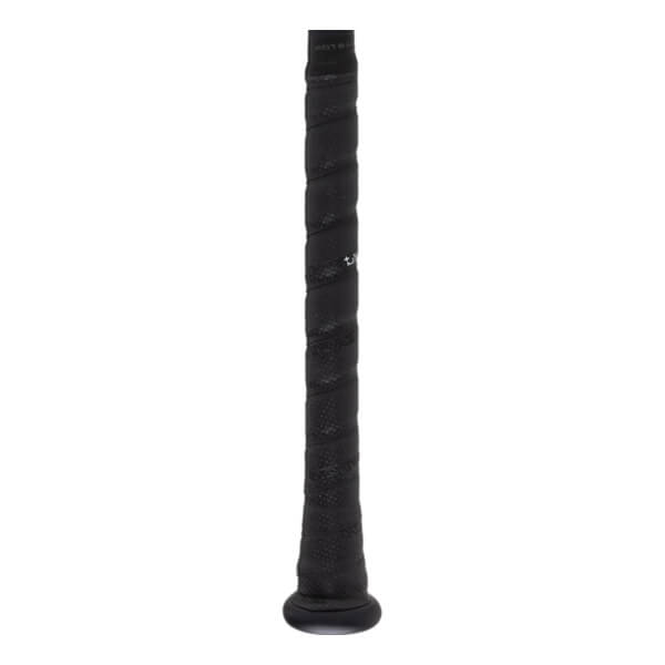 Close-up of a black baseball bat handle with a textured spiral-wrapped grip and a knob at the base.