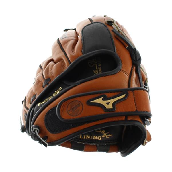 Corner view of a brown baseball glove with black accents, gold Mizuno logo, and LINING text.