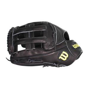 Side view of a black baseball glove with white stitching and yellow Wilson logos.