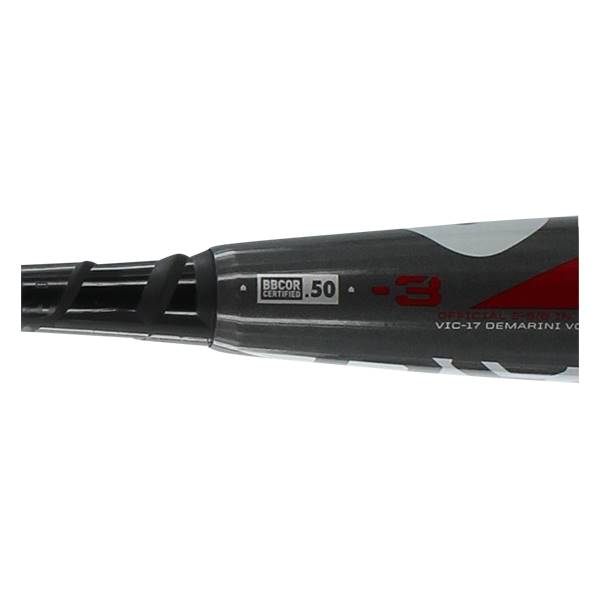 Close-up of a black baseball bat with BBCOR certified .50 stamp and red accents.
