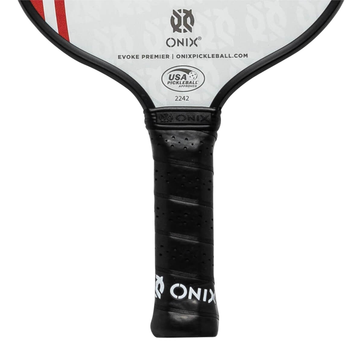 Close-up of a black pickleball paddle grip with ONIX branding and USA Pickleball Approved seal.