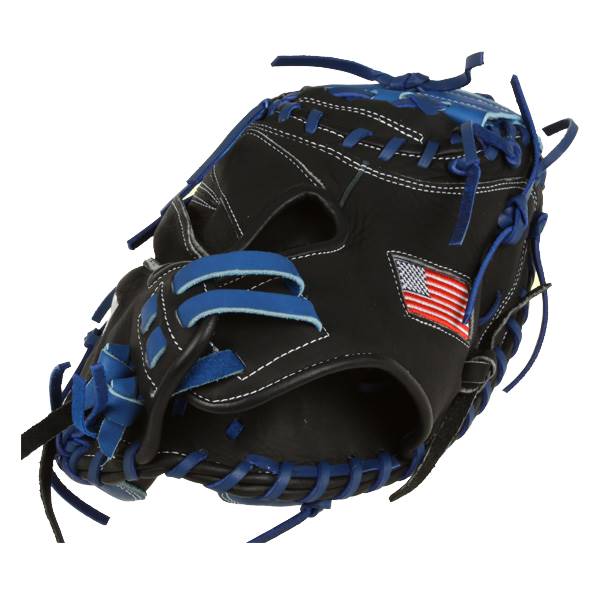Side view of a black catchers mitt with blue lacing and an American flag patch.