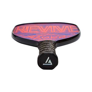 Top-down view of a black pickleball paddle with red and purple REVIVE text and a white triangle logo.