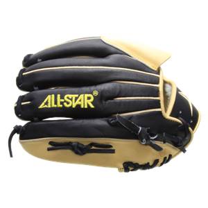 Top-down view of a black and tan baseball glove with yellow ALL-STAR branding and lacing.