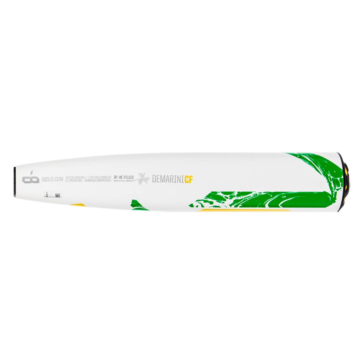 Side view of a white baseball bat with green and yellow abstract designs and DEMARINICF text.