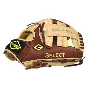 Side view of a brown and tan baseball glove with GLOVESMITH and SELECT text.