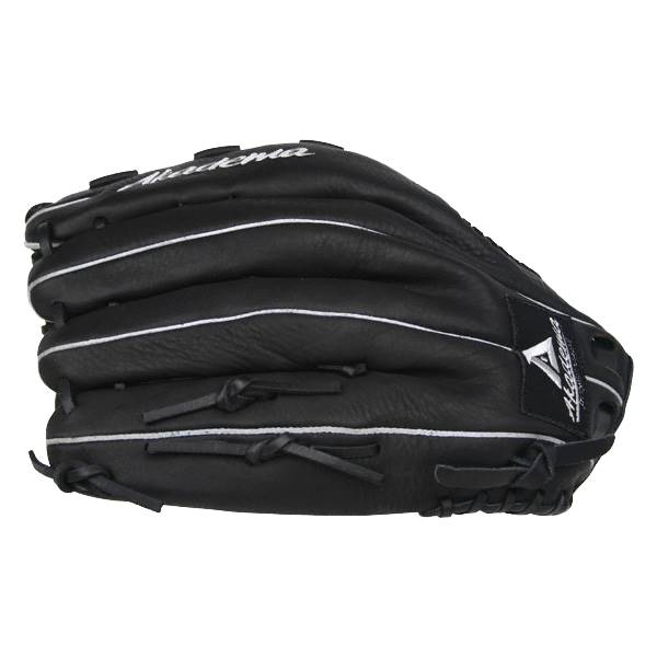 Side view of a black baseball glove with white piping and the Akadema logo.
