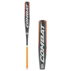Side view of a black baseball bat with orange grip and COMBAT text.