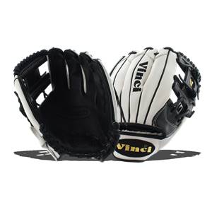 Top-down view of a black and white baseball glove with Vinci branding on the fingers and palm.