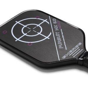 Corner view of a black pickleball paddle with a target design, PURSUIT MX 6.0 MAXX, and ENGAGE branding.