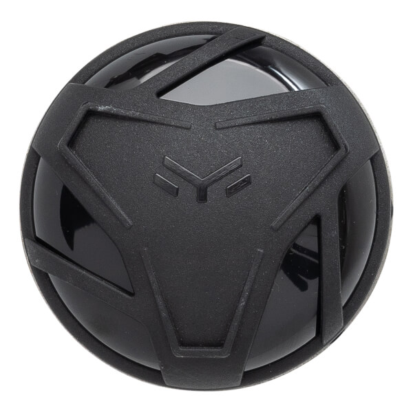 Top-down view of a black baseball bat end cap with a geometric pattern and a central logo.