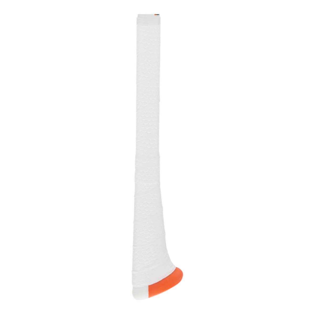 Side view of a white baseball bat with an orange end cap and textured grip.