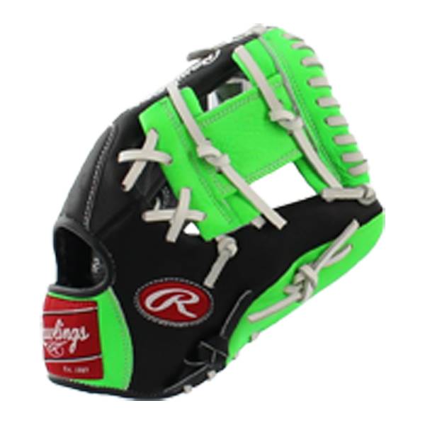 Side view of a black and neon green baseball glove with white lacing and a red Rawlings logo.