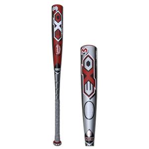 Side view of a red and silver baseball bat with EXOGRID 3 branding and Louisville Slugger text.