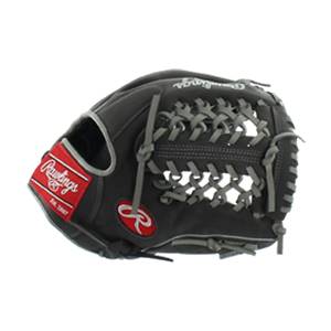 Side view of a black baseball glove with red Rawlings logo and grey lacing.