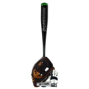 Front view of a black DeMarini baseball bat with a green end cap, a brown baseball glove, and a white batting glove.